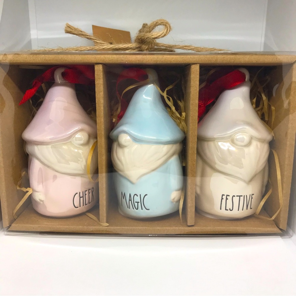 Rae Dunn Gnomes Holiday CHEER MAGIC BELIEVE Pink Blue White Iridescent Ornaments